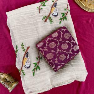 Incredible Beige Embroidery Work Crush Silk Saree With Dissemble Blouse Piece