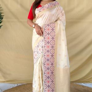 Unique Off White Pure Zari Weaving Banarasi Silk Saree With Girlish Blouse Piece