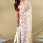 Unique Off White Pure Zari Weaving Banarasi Silk Saree With Girlish Blouse Piece