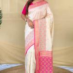 Supernal Off White Pure Zari Weaving Banarasi Silk Saree With Refreshing Blouse Piece