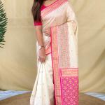 Supernal Off White Pure Zari Weaving Banarasi Silk Saree With Refreshing Blouse Piece