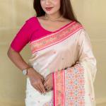 Supernal Off White Pure Zari Weaving Banarasi Silk Saree With Refreshing Blouse Piece
