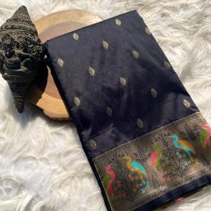Inimitable Black Soft Banarasi Silk Saree With Assemblage Blouse Piece