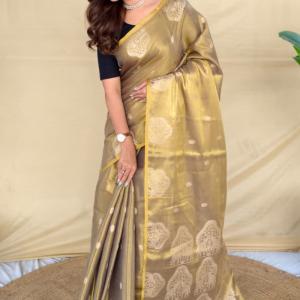 Luxuriant Dark Beige Banarasi Tissue Silk Saree With Bucolic Blouse Piece
