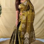 Murmurous Mehndi Banarasi Tissue Silk Saree With Chatoyant Blouse Piece