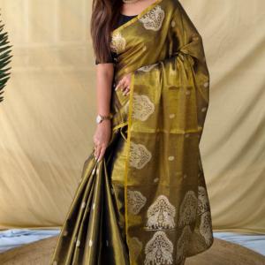 Murmurous Mehndi Banarasi Tissue Silk Saree With Chatoyant Blouse Piece