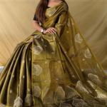 Murmurous Mehndi Banarasi Tissue Silk Saree With Chatoyant Blouse Piece