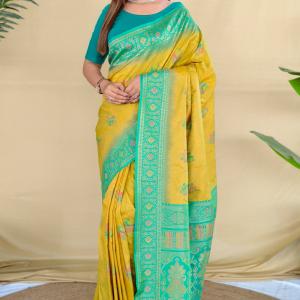 Scrupulous Mustard Pure Zari Weaving Banarasi Silk Saree With Imaginative Blouse Piece