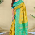 Scrupulous Mustard Pure Zari Weaving Banarasi Silk Saree With Imaginative Blouse Piece