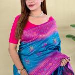 Ornate Rama Pure Zari Weaving Banarasi Silk Saree With Arresting Blouse Piece