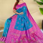 Ornate Rama Pure Zari Weaving Banarasi Silk Saree With Arresting Blouse Piece
