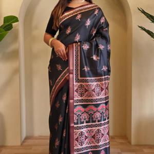 Flameboyant Black Viscose Dola Silk Printed Saree With Jubilant Blouse Piece