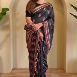 Flameboyant Black Viscose Dola Silk Printed Saree With Jubilant Blouse Piece