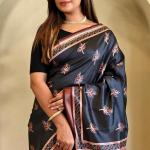 Flameboyant Black Viscose Dola Silk Printed Saree With Jubilant Blouse Piece
