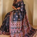 Flameboyant Black Viscose Dola Silk Printed Saree With Jubilant Blouse Piece