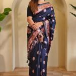 Sempiternal Navy Blue Viscose Dola Silk Printed Saree With Fantabulous Blouse Piece