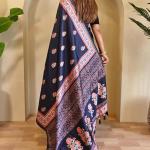 Sempiternal Navy Blue Viscose Dola Silk Printed Saree With Fantabulous Blouse Piece