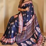 Sempiternal Navy Blue Viscose Dola Silk Printed Saree With Fantabulous Blouse Piece
