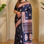 Sempiternal Navy Blue Viscose Dola Silk Printed Saree With Fantabulous Blouse Piece