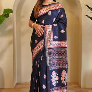 Sempiternal Navy Blue Viscose Dola Silk Printed Saree With Fantabulous Blouse Piece