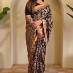 Gratifying Orange and Black Viscose Dola Silk Printed Saree With Glittering Blouse Piece