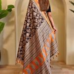 Gratifying Orange and Black Viscose Dola Silk Printed Saree With Glittering Blouse Piece