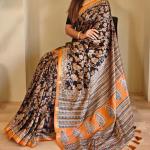Gratifying Orange and Black Viscose Dola Silk Printed Saree With Glittering Blouse Piece