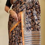 Gratifying Orange and Black Viscose Dola Silk Printed Saree With Glittering Blouse Piece