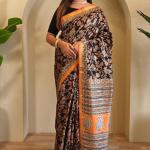 Gratifying Orange and Black Viscose Dola Silk Printed Saree With Glittering Blouse Piece
