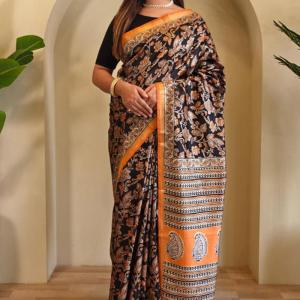 Gratifying Orange and Black Viscose Dola Silk Printed Saree With Glittering Blouse Piece