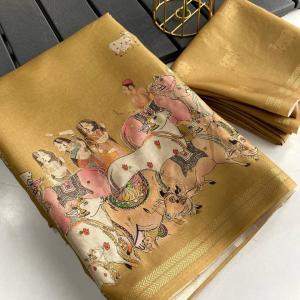 Smart Mustard Printed Dola Silk Saree With Adorning Blouse Piece