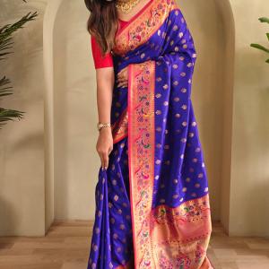 Mellifluous Royal Blue Paithani Silk Saree With Wonderful Blouse Piece