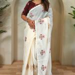 Snappy Beige Embroidery Work Kota Doria Saree With Ethnic Blouse Piece