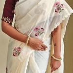 Snappy Beige Embroidery Work Kota Doria Saree With Ethnic Blouse Piece