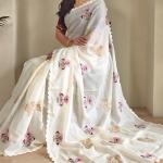 Snappy Beige Embroidery Work Kota Doria Saree With Ethnic Blouse Piece