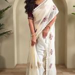 Snappy Beige Embroidery Work Kota Doria Saree With Ethnic Blouse Piece