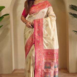 Trendy Beige Soft Banarasi Silk Saree With Extraordinary Blouse Piece