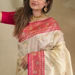 Trendy Beige Soft Banarasi Silk Saree With Extraordinary Blouse Piece