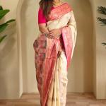 Trendy Beige Soft Banarasi Silk Saree With Extraordinary Blouse Piece