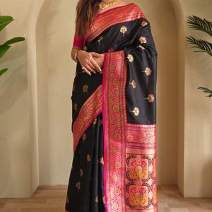 Sophisticated Black Soft Banarasi Silk Saree With Flaunt Blouse Piece