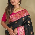 Sophisticated Black Soft Banarasi Silk Saree With Flaunt Blouse Piece