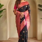 Sophisticated Black Soft Banarasi Silk Saree With Flaunt Blouse Piece