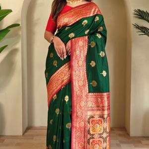 Surpassing Dark Green Soft Banarasi Silk Saree With Ravishing Blouse Piece