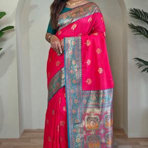 Mesmeric Dark Pink Soft Banarasi Silk Saree With Twirling Blouse Piece