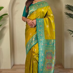 Traditional Mustard Soft Banarasi Silk Saree With Conflate Blouse Piece