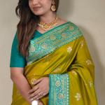 Traditional Mustard Soft Banarasi Silk Saree With Conflate Blouse Piece