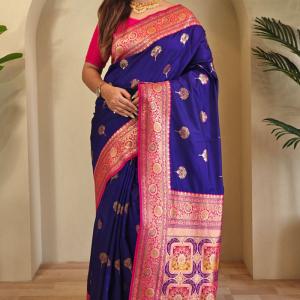 Profuse Royal Blue Soft Banarasi Silk Saree With Resplendent Blouse Piece