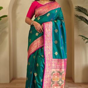 Scintillating Sea Green Soft Banarasi Silk Saree With Allure Blouse Piece
