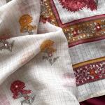 Symmetrical Off White Printed Linen Silk Saree With Luxuriant Blouse Piece