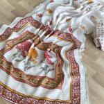 Symmetrical Off White Printed Linen Silk Saree With Luxuriant Blouse Piece